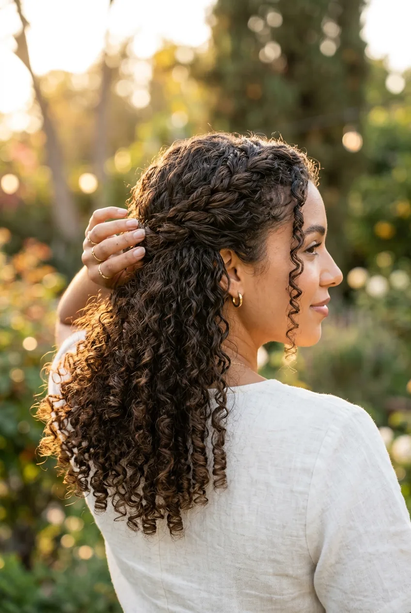 Side angle of French twist with loose face-framing pieces and exposed elegant neckline