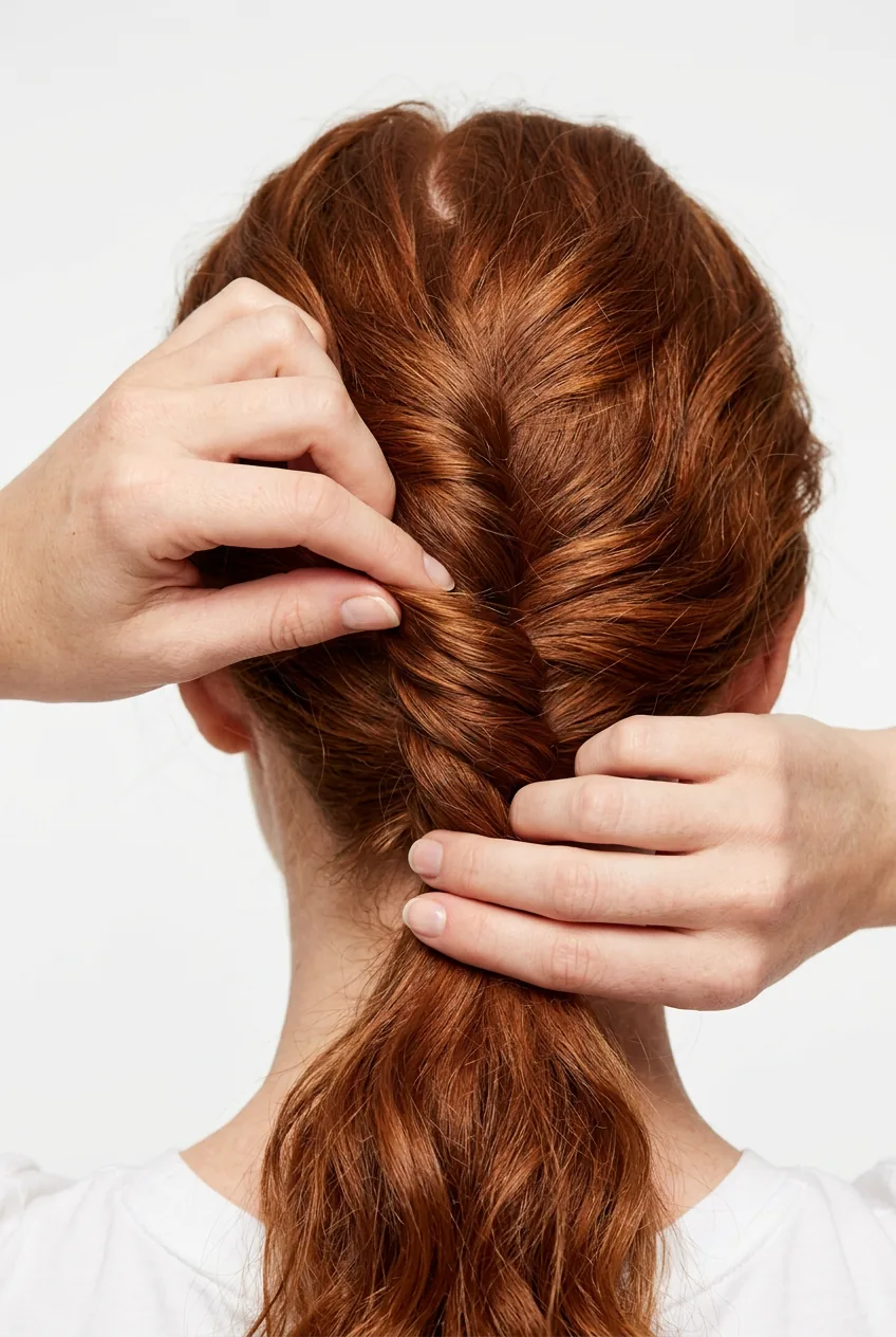Hands demonstrating French twist ponytail gathering technique in textured auburn hair against studio background