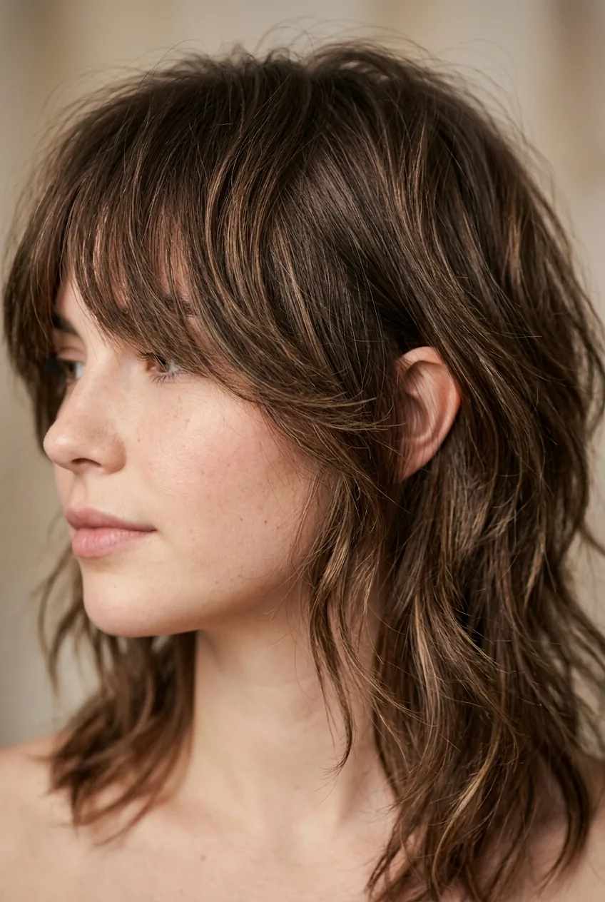 Close-up of fresh shag cut showing choppy textured layers with face-framing bangs