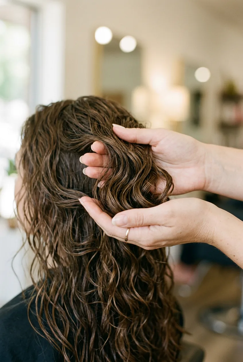 Hands performing gentle scrunching technique on long wavy hair cupping section upward toward scalp