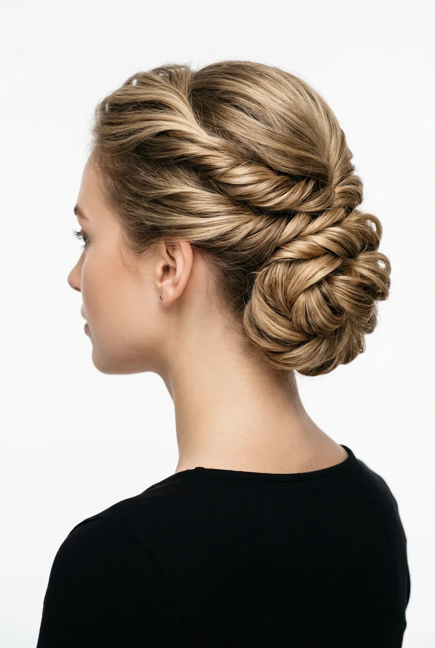 Brunette woman with sophisticated Gibson tuck updo featuring elegant rolled elements