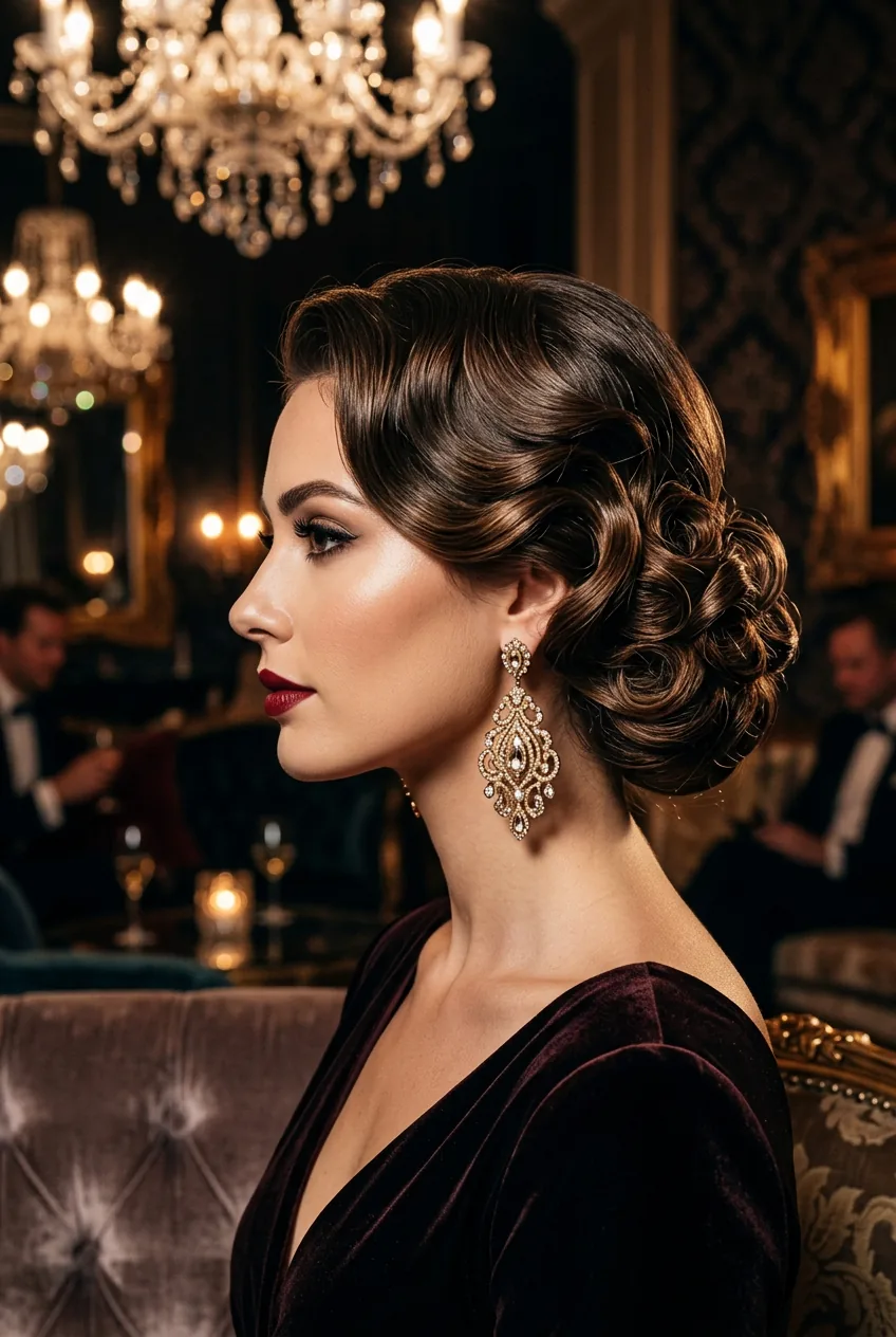 Glamorous low chignon with vintage pin curls for formal evening events