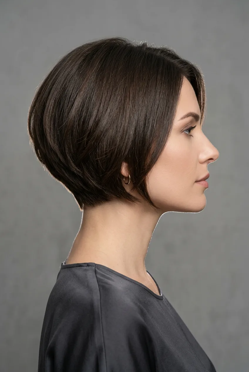 Woman with graduated bob featuring subtle layers and stacked back volume in side profile