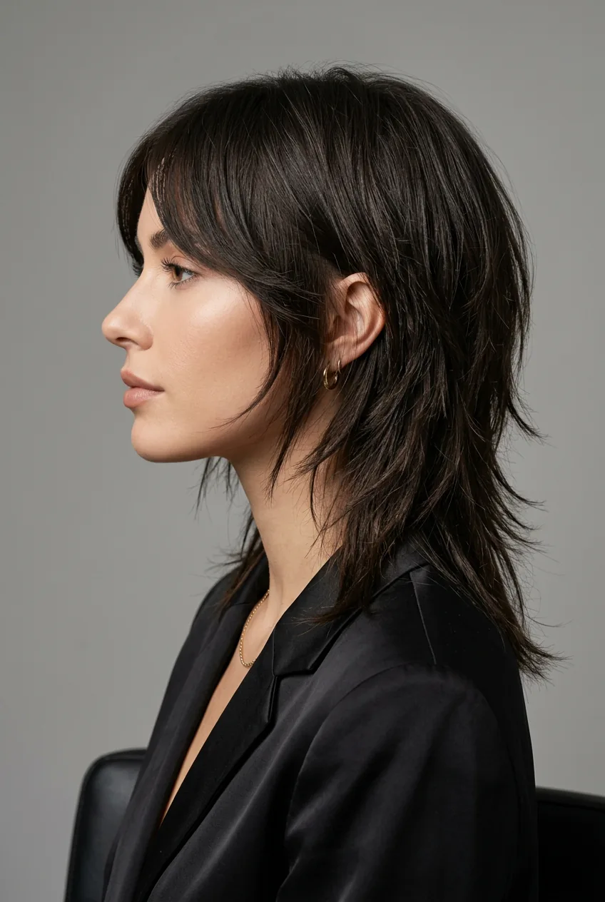 Woman with precisely graduated shag cut featuring strategic face-framing placement