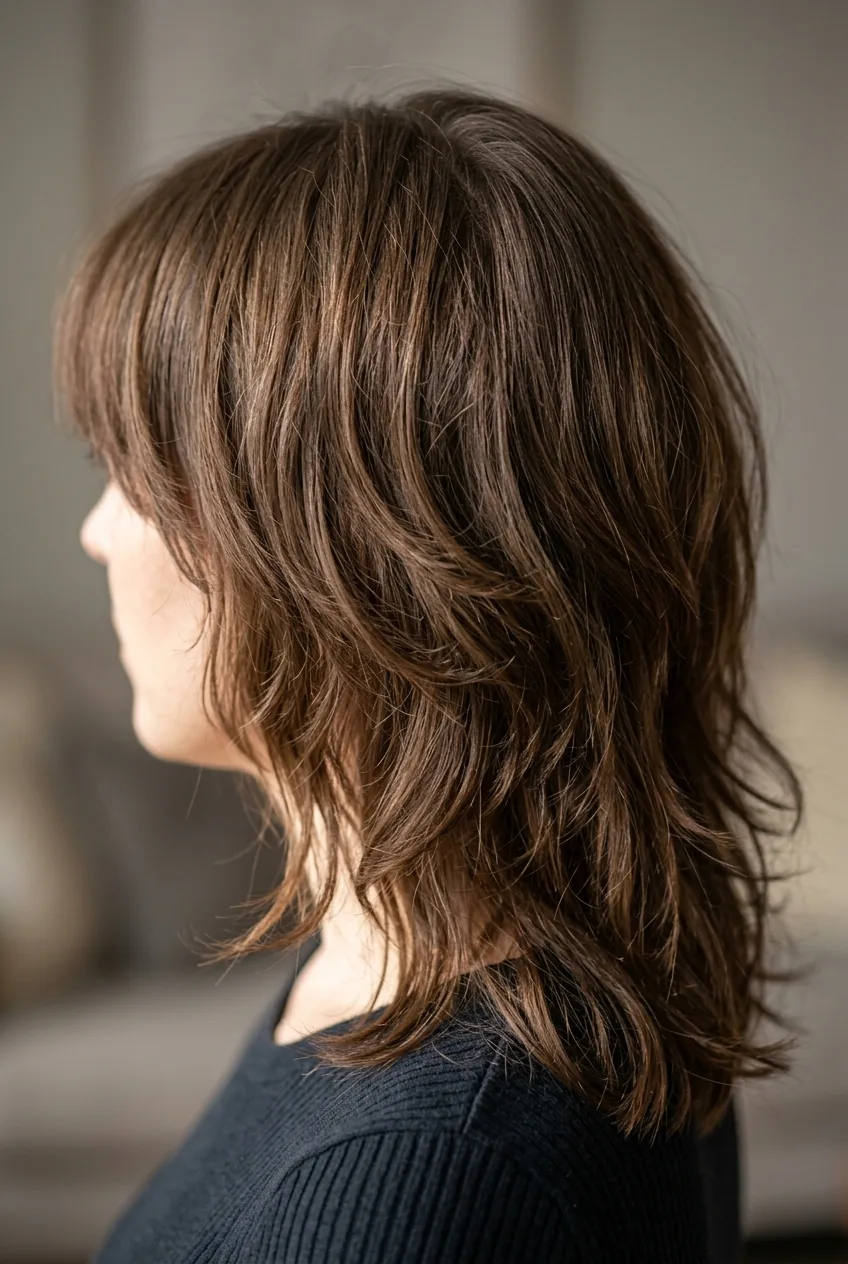 Well-maintained shag cut showing natural growth pattern and shape retention with longer bangs