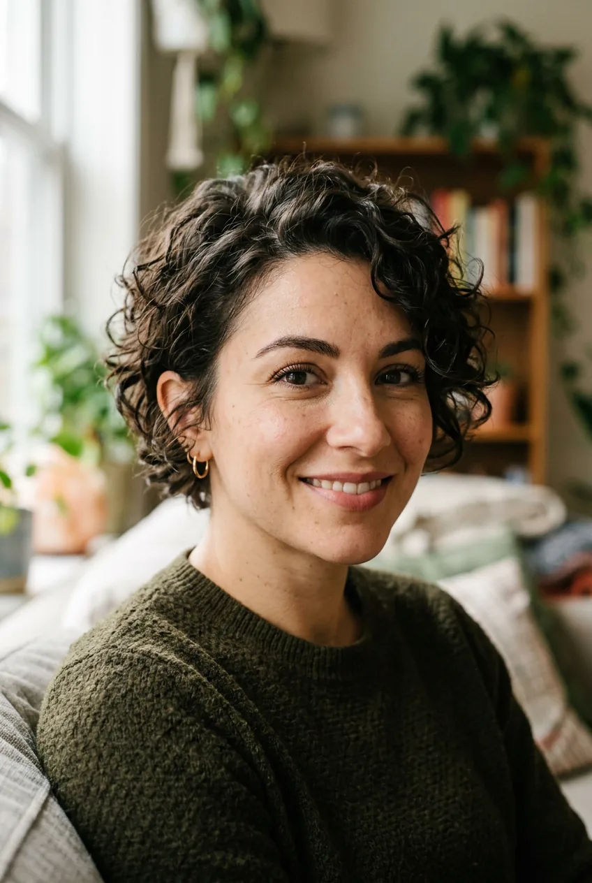Woman with curly hair in grown-out pixie style with varied lengths and natural texture