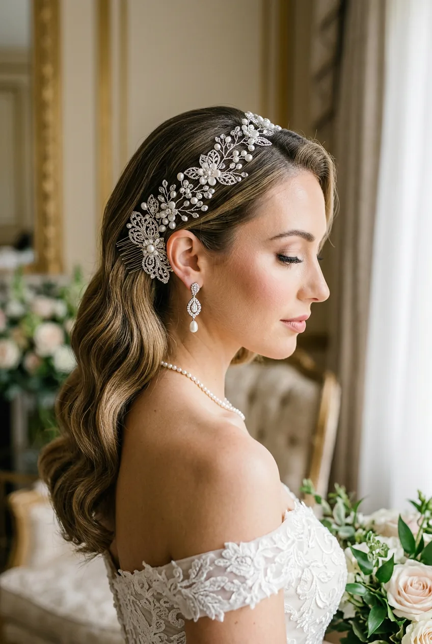 Smooth waves worn down with elegant hair vine accessory and decorative comb