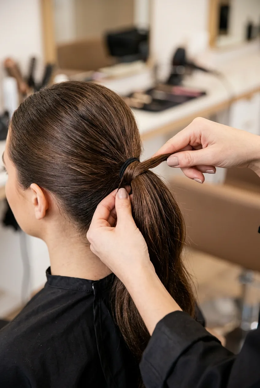 Fingers wrapping small hair section around elastic to hide base in professional styling technique