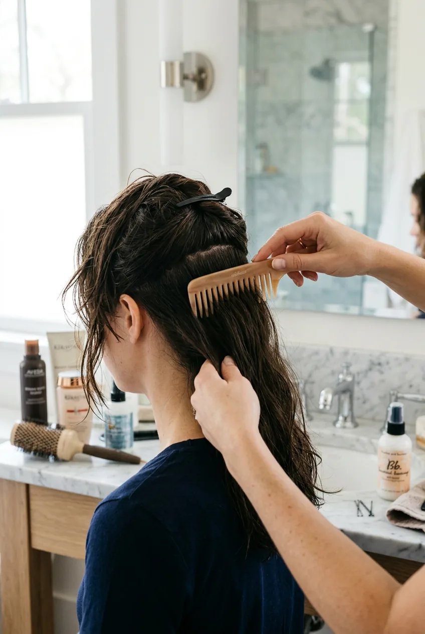 Woman's hair being combed and sectioned for styling with wide-tooth comb and products