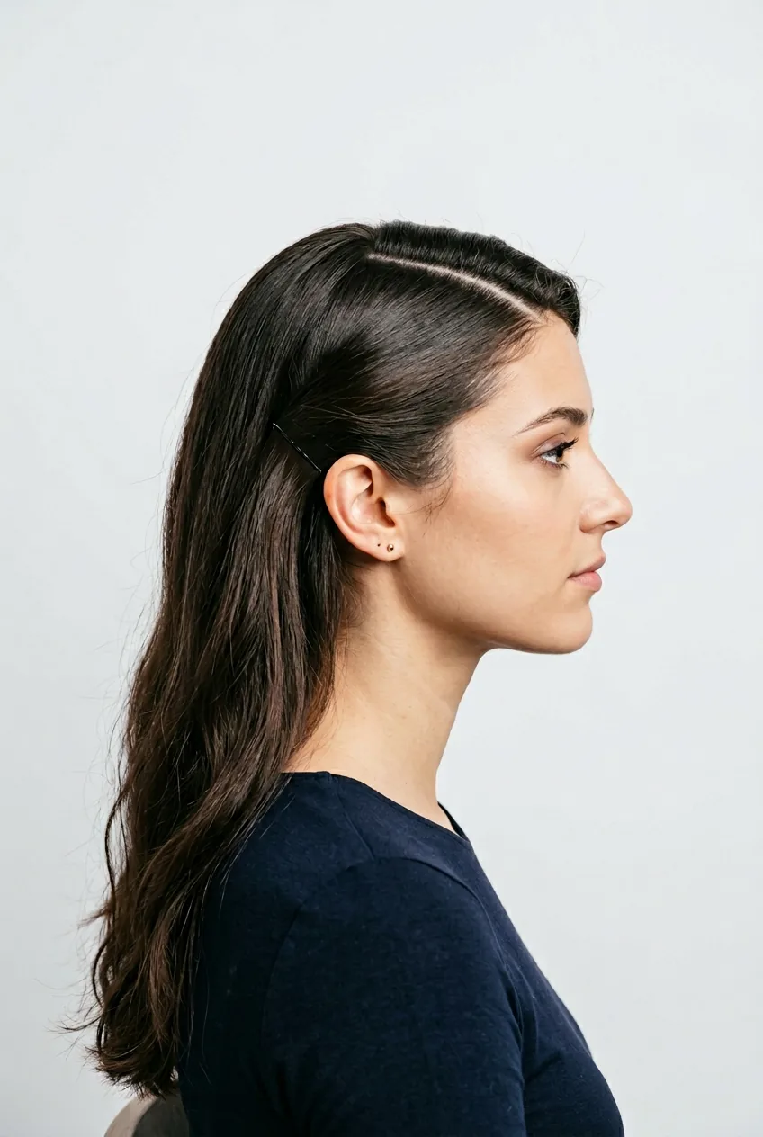 Side profile showing hair sectioned with one side clipped away revealing clean center part