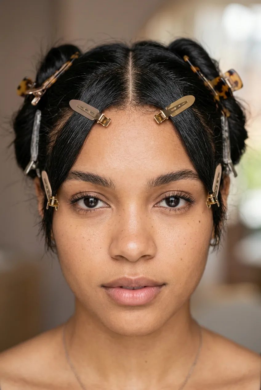 Hair sectioned with clips showing proper parting technique for butterfly bangs cutting