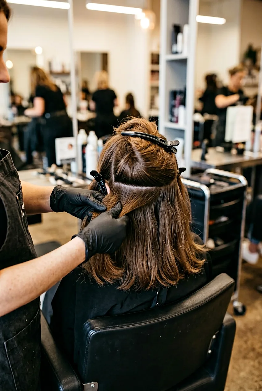Shoulder length hair sectioned into three horizontal layers with professional clips