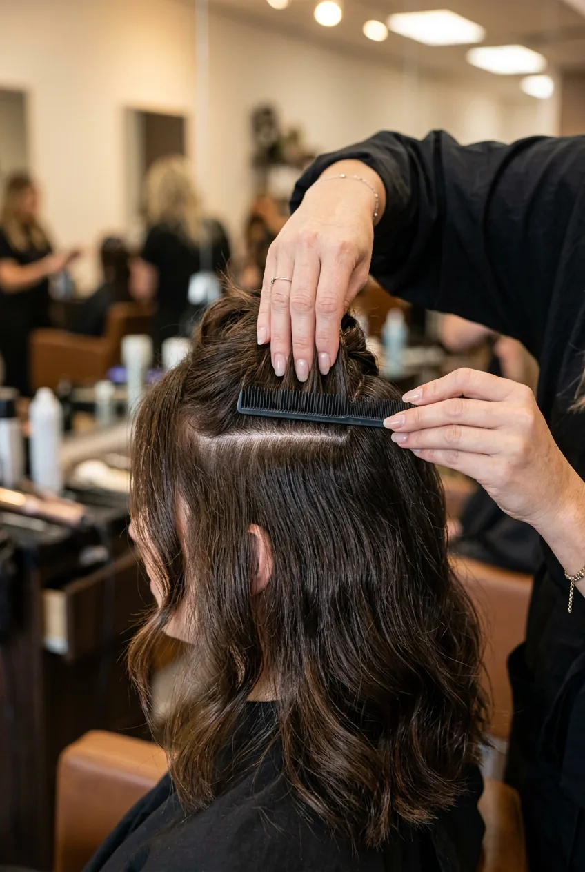 Hairstylist using fine-tooth comb to section woman's hair for half up styling technique