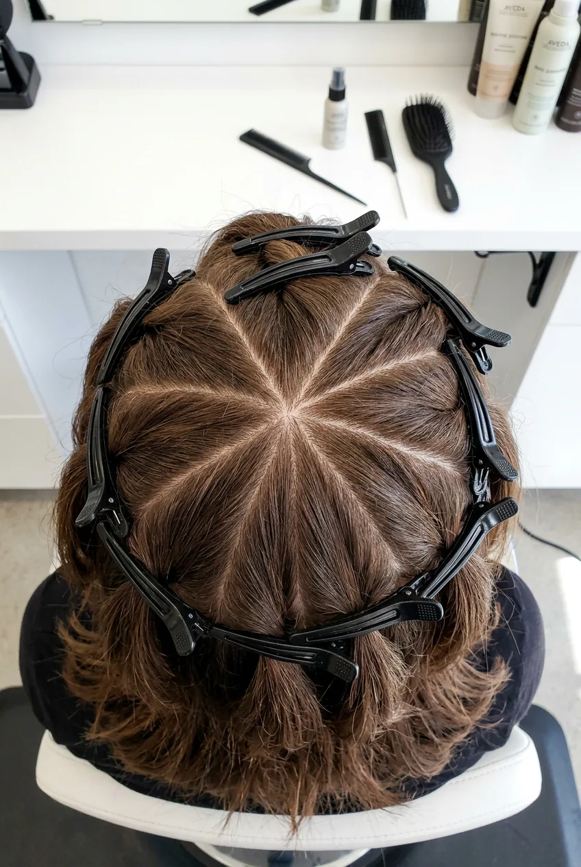 Hair sectioning clips organizing brown hair into strategic pie-shaped wedges from overhead salon view