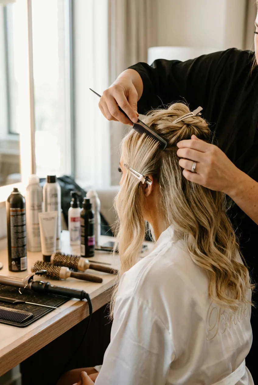 Professional hair stylist's hands sectioning long blonde hair with clips while various styling tools are arranged on vanity