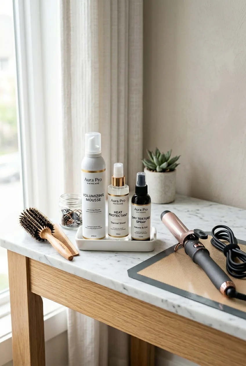 Wedding hair styling products including mousse and large curling iron arranged on vanity