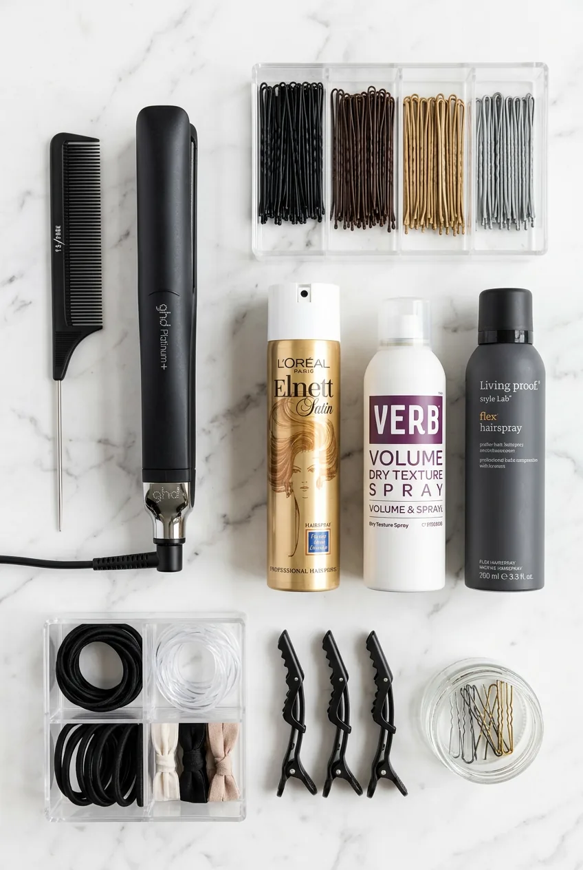 Hair styling tools and products arranged on marble surface including bobby pins and hairspray