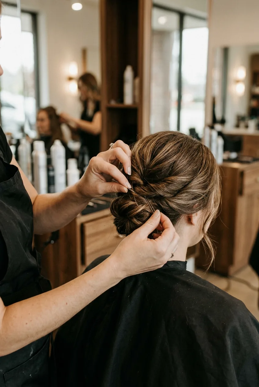 Professional hairstylist placing bobby pins in elegant updo during styling process