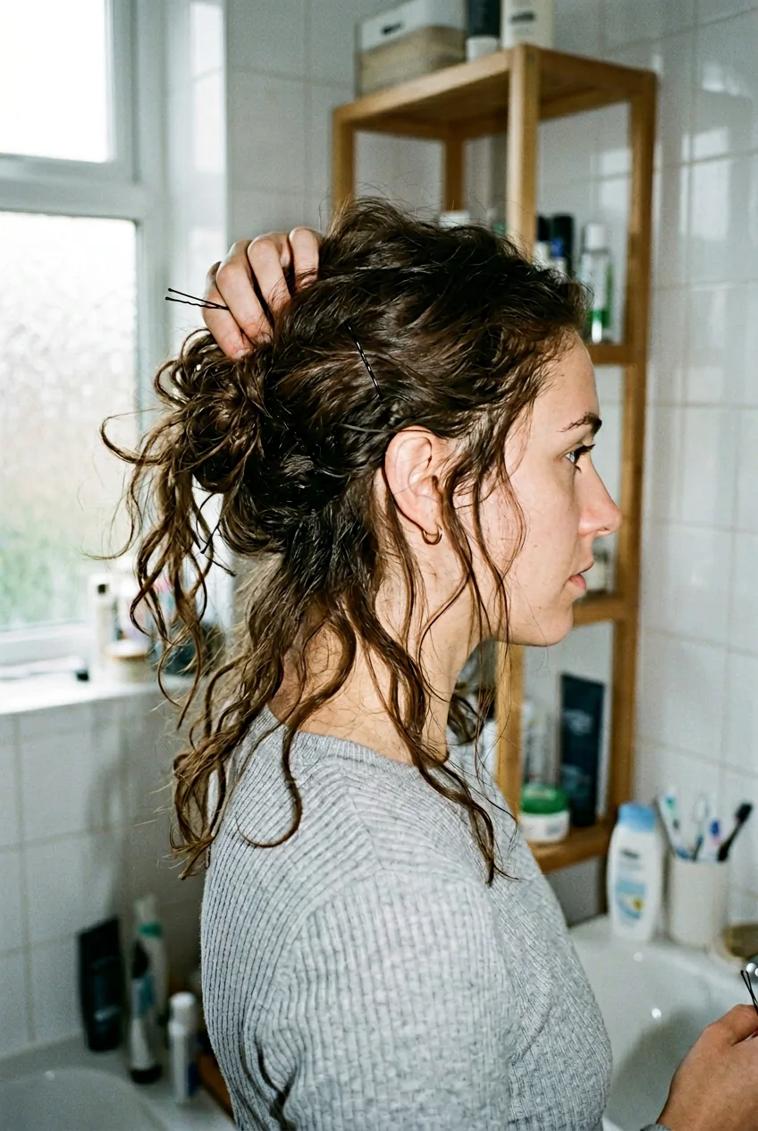 Side view of woman with partially fallen updo showing loose pieces escaping from style