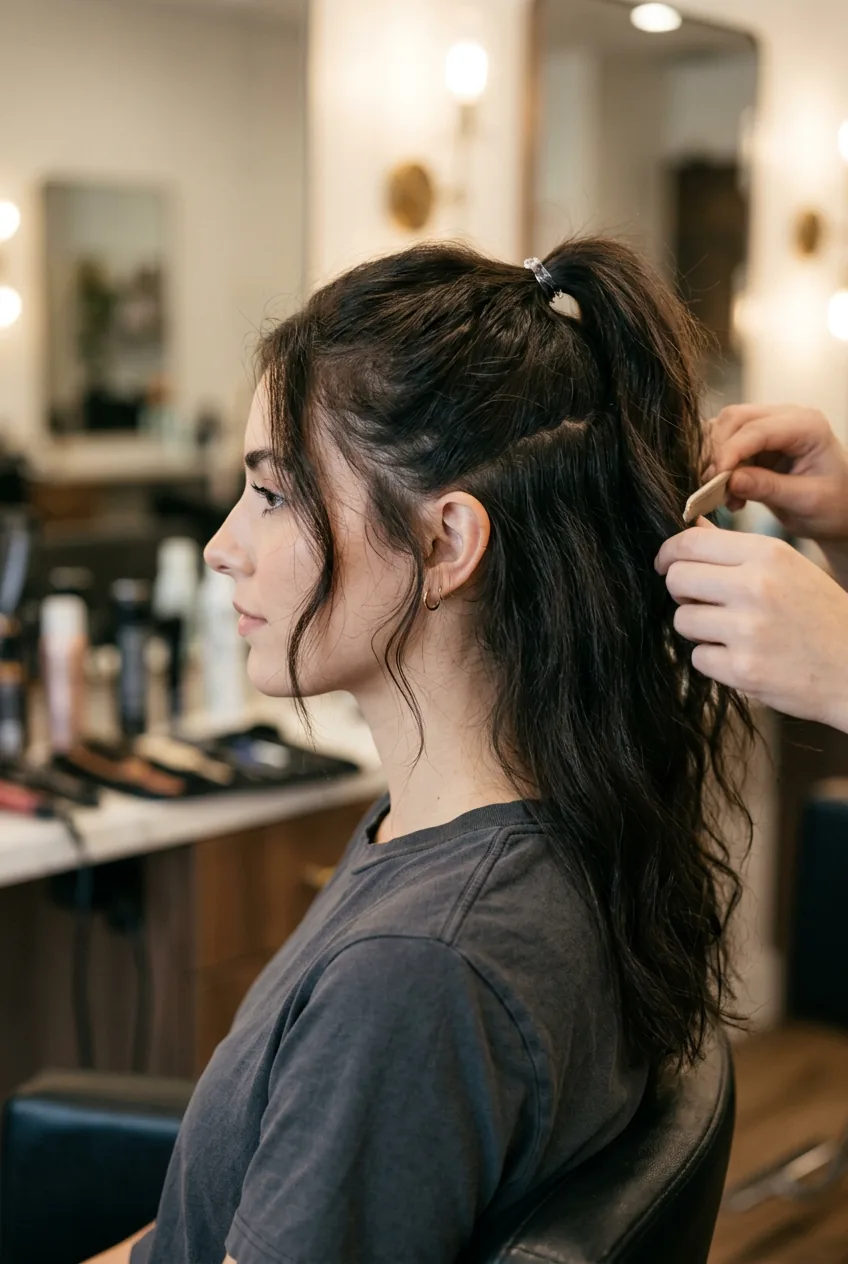 Woman's hair sectioned with clear elastic securing the top half-up portion with face-framing pieces