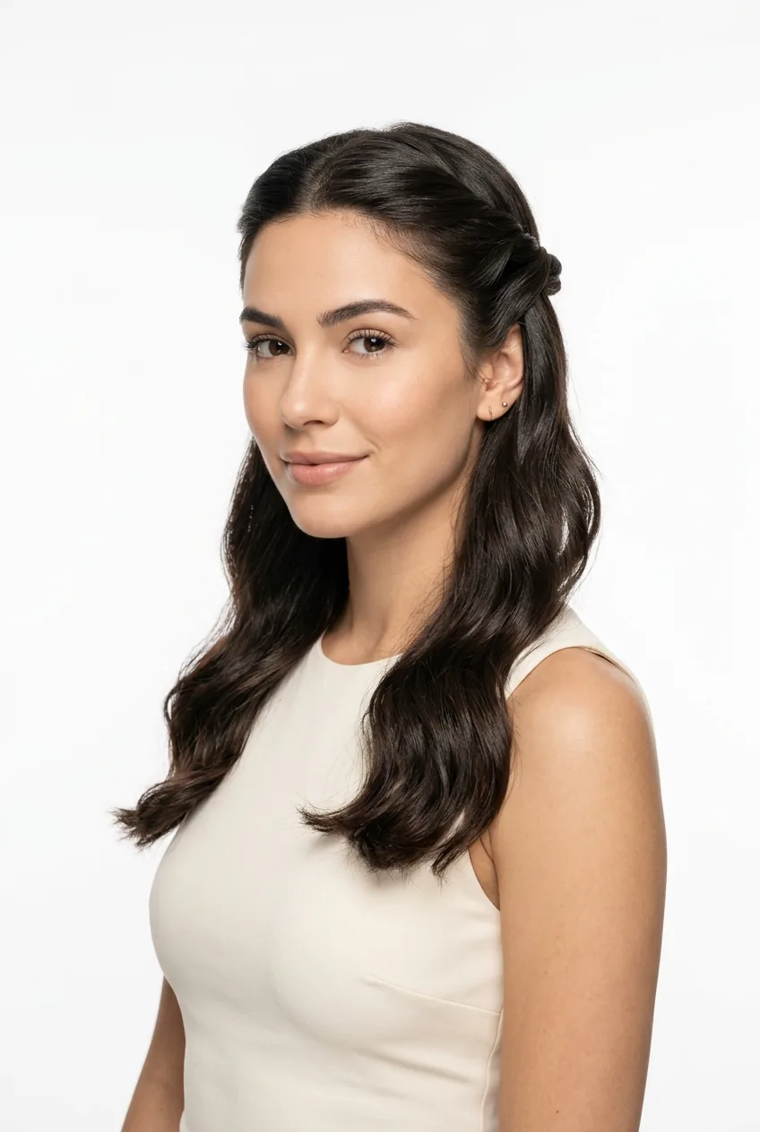 Brunette woman with half-up hairstyle featuring twisted temple sections secured at back