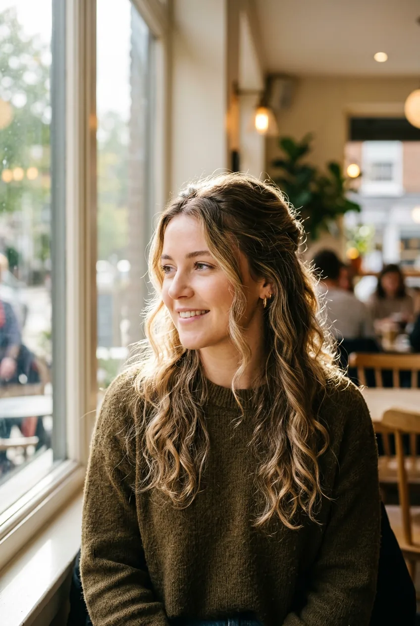Woman with half-up twist hairstyle showing volume at crown and flowing bottom section