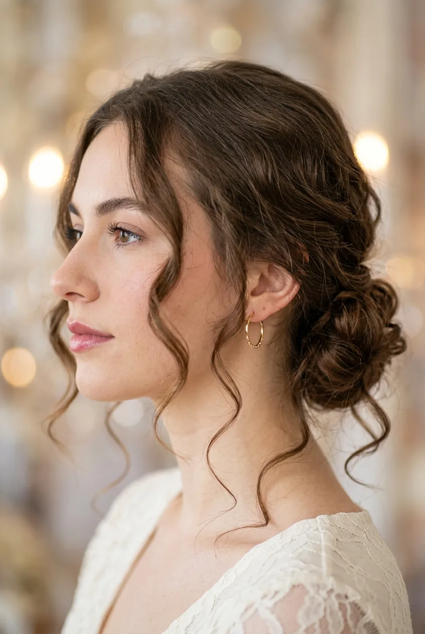 Three-quarter view of half-up twisted crown with natural curly hair cascading down