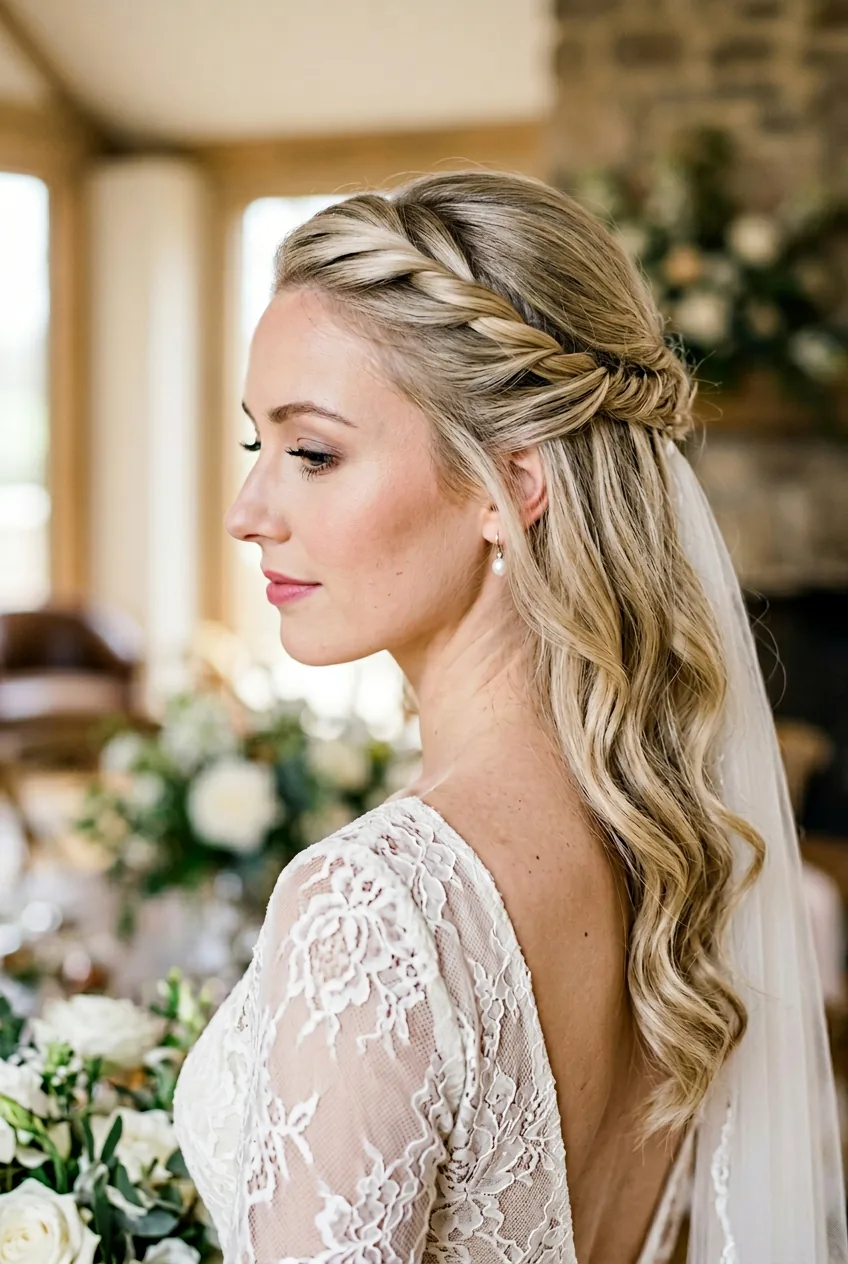 Half-up wedding hairstyle with twisted temple sections and soft waves