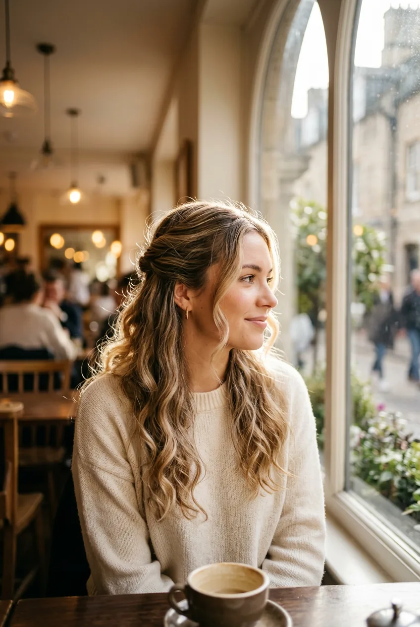 Woman with half-up twisted hairstyle and loose waves in natural window lighting