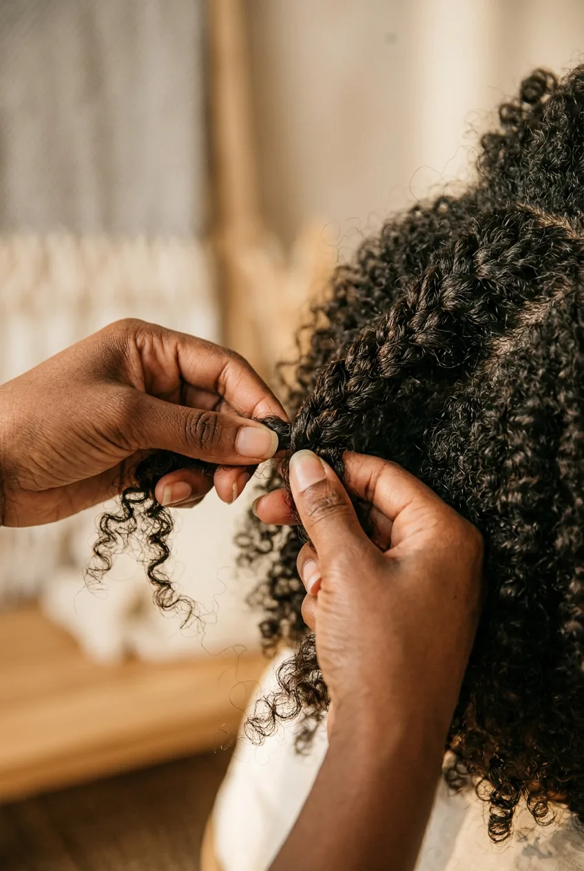 Hands braiding a section of curly hair with individual curls being woven into tight braid pattern
