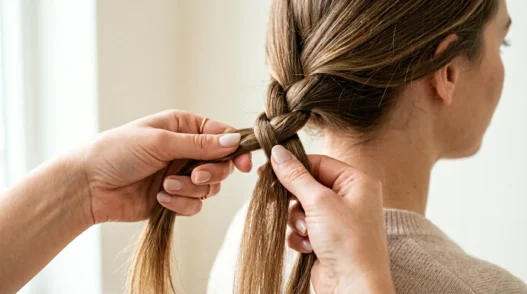 Close-up of feminine hands weaving three hair strands in braiding motion with detailed finger positioning