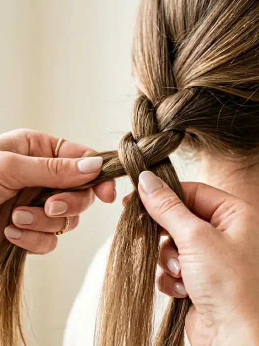 Close-up of feminine hands weaving three hair strands in braiding motion with detailed finger positioning