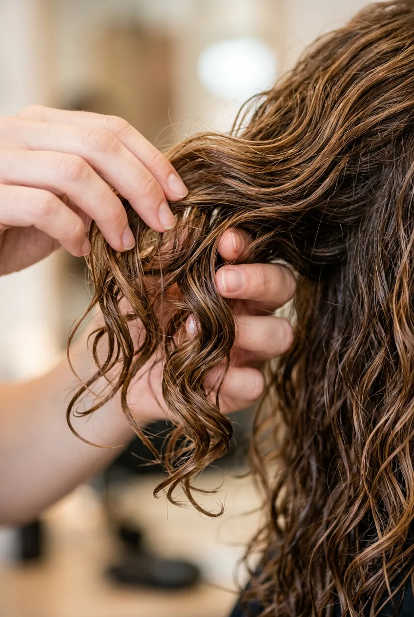 Hands scrunching layered wavy hair showing natural texture response and curl formation in soft lighting