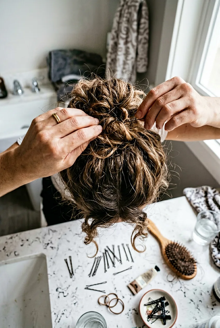 Overhead shot of hands attempting to twist hair into bun with bobby pins scattered on counter