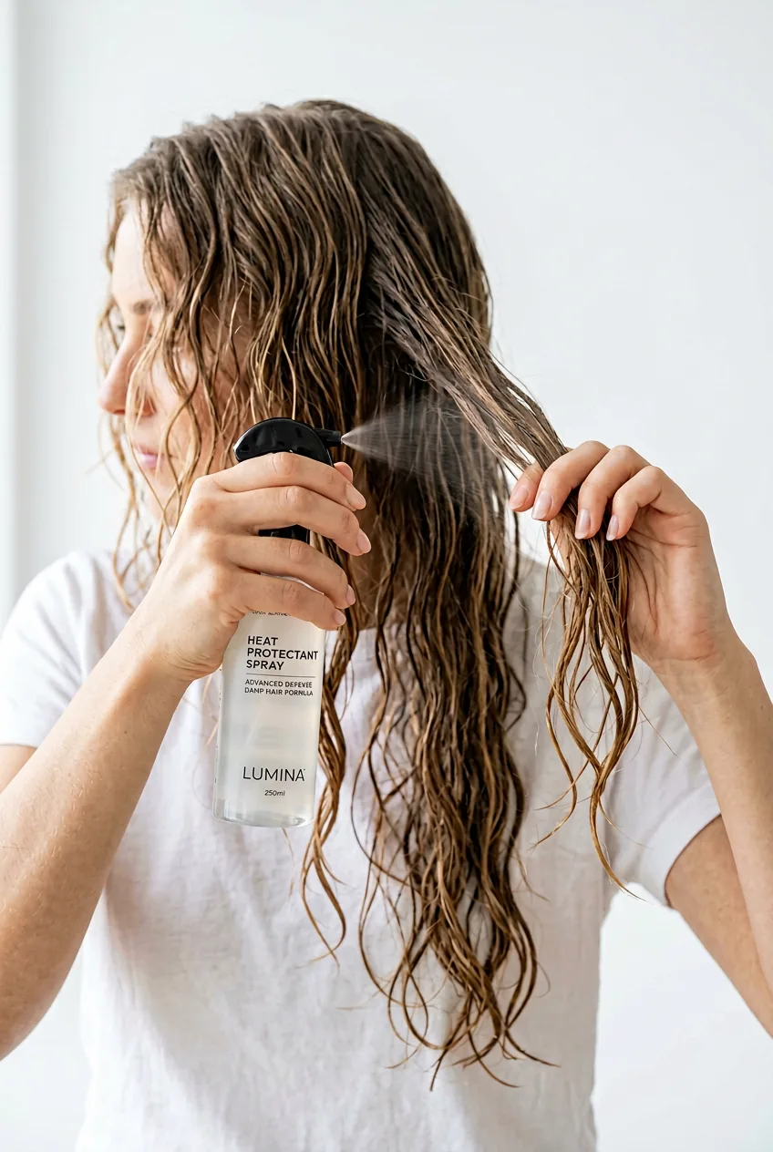 Hands applying heat protectant spray to damp long hair with product bottle visible