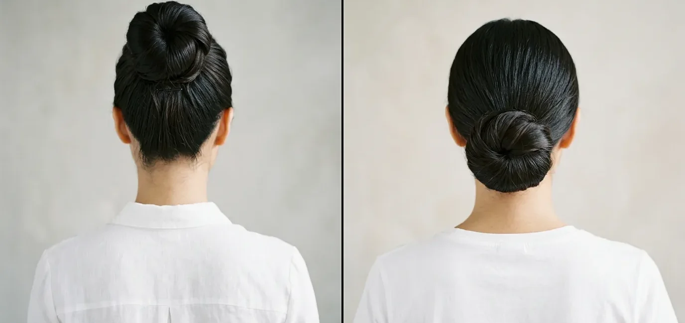 Split comparison of woman with high bun versus woman with low bun, both shown from behind