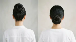 Split comparison of woman with high bun versus woman with low bun, both shown from behind