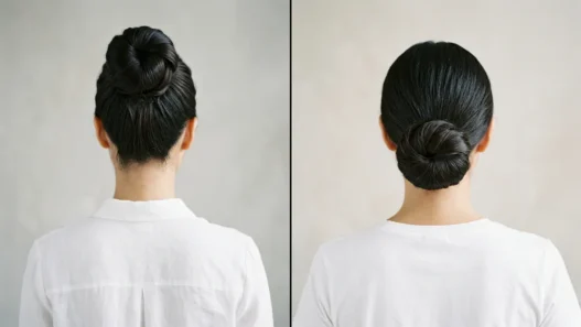 Split comparison of woman with high bun versus woman with low bun, both shown from behind