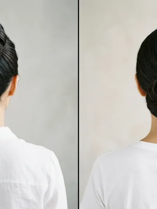 Split comparison of woman with high bun versus woman with low bun, both shown from behind