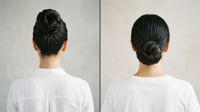 Split comparison of woman with high bun versus woman with low bun, both shown from behind