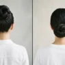 Split comparison of woman with high bun versus woman with low bun, both shown from behind
