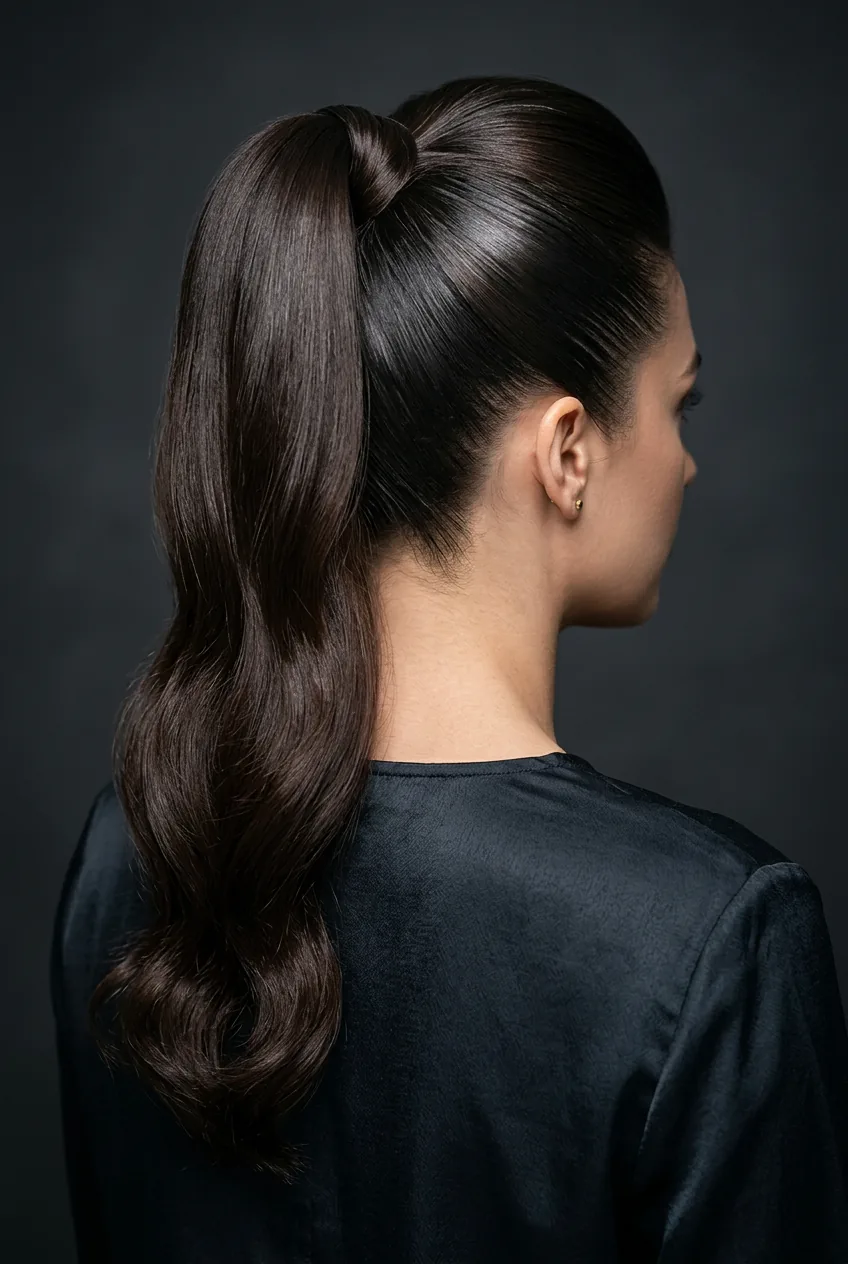 High crown ponytail demonstrating dramatic placement and perfect hair tension at crown level