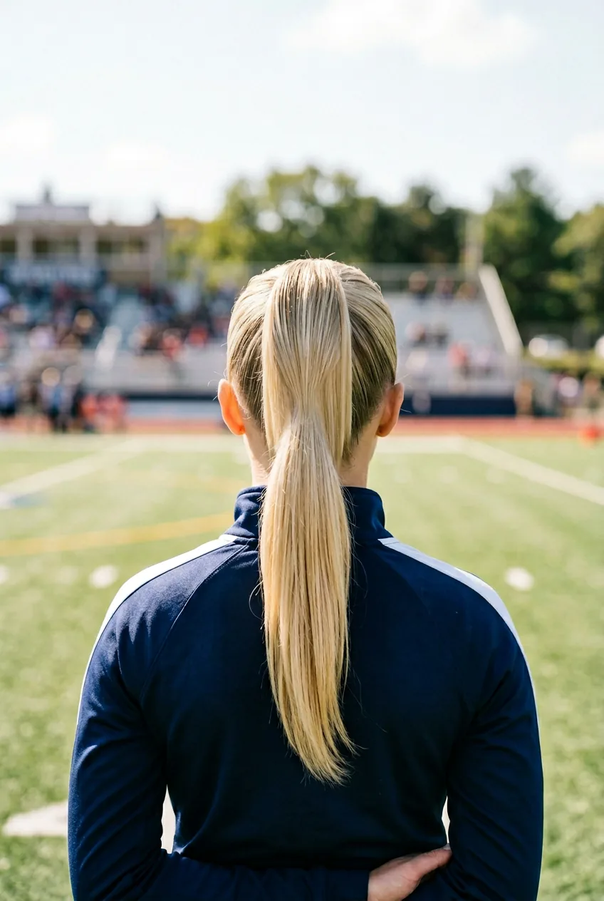 Back view of woman with high ponytail positioned at crown showing upward swept hair
