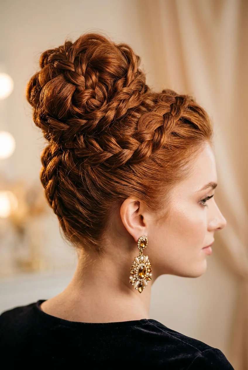 High updo with intricate braided details and volume at crown in auburn hair