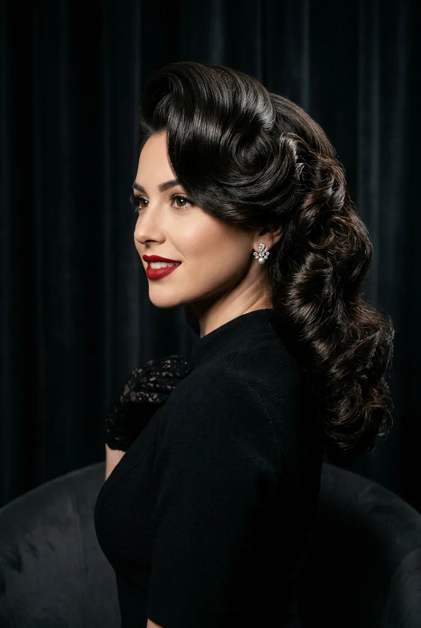 Side profile of Hollywood roll hairstyle with vintage glamour and dramatic height