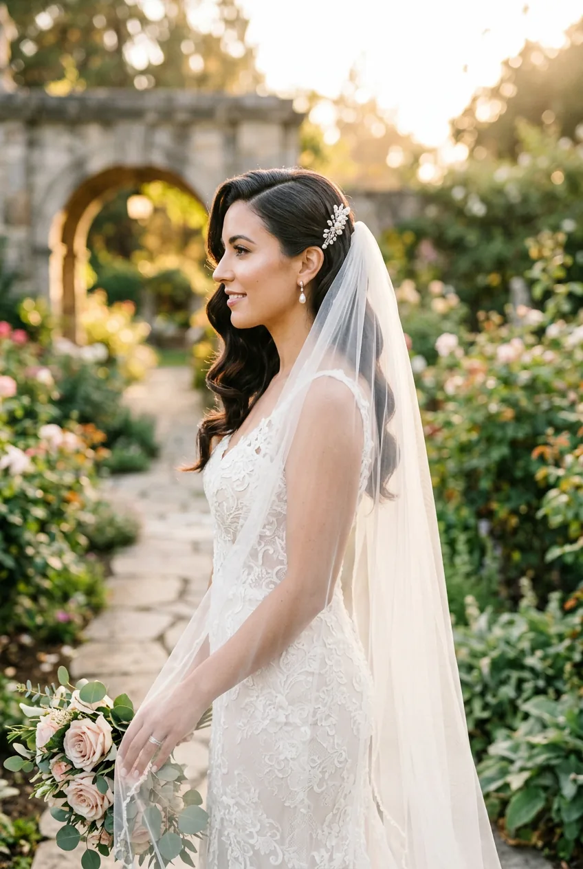Bride with side-swept Hollywood waves and fingertip veil attachment from side profile view