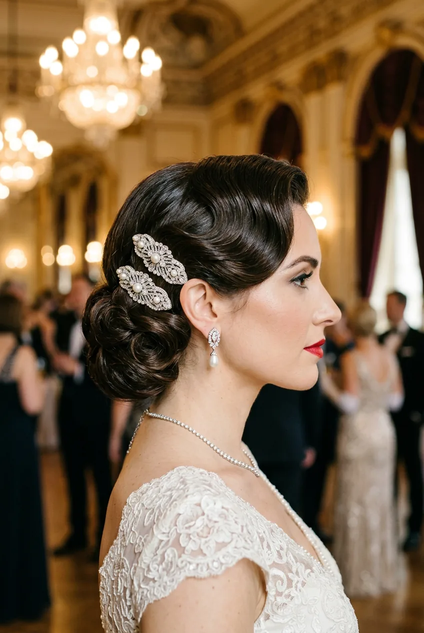 Hollywood waves updo with vintage side-swept style and decorative hair clips