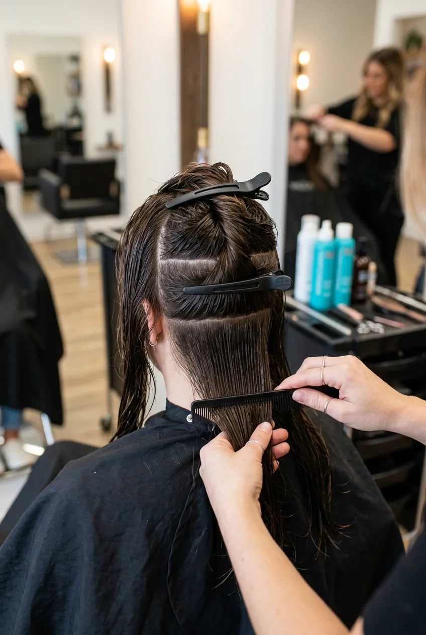 Hands sectioning damp hair into three horizontal zones with clips for layered cutting