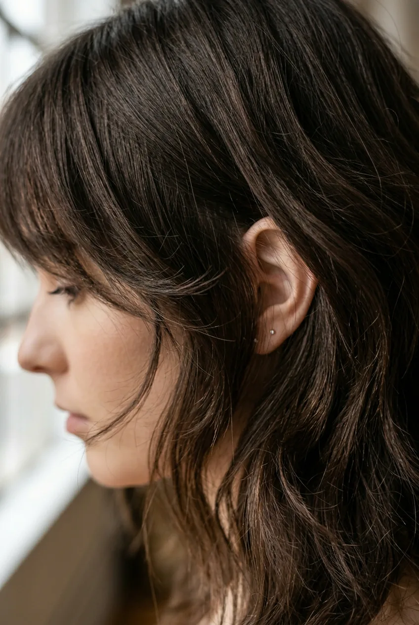 Dark brown shoulder-length hair with wispy bangs layers integrated throughout