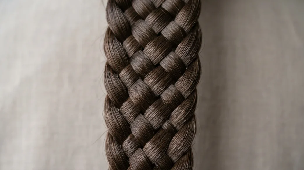 Close-up detail of intricate braid pattern showing individual hair strands and crossover technique